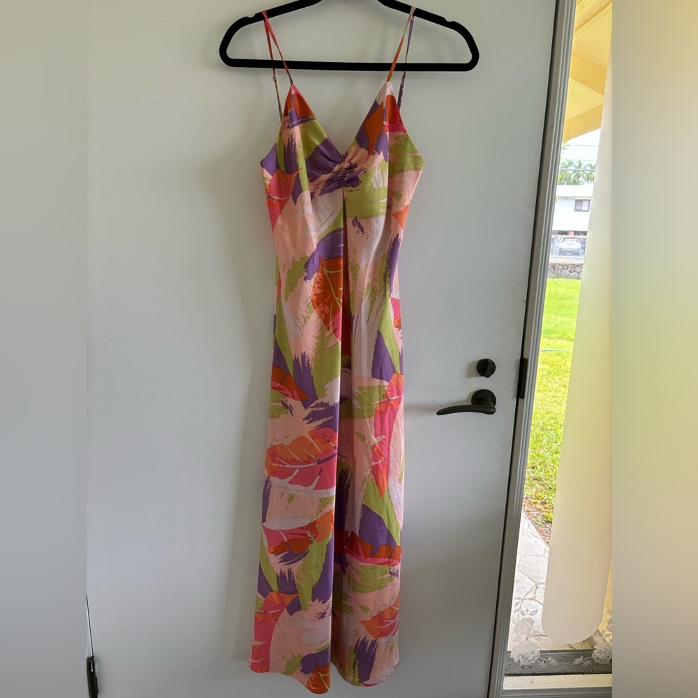 Mahina satin watercolor midi dress boho artsy contemporary tropical summer
